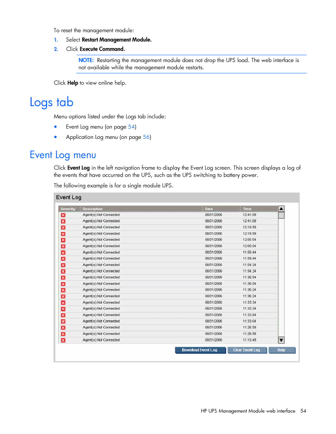 HP J4370A, A6584A, A1354A, A1353A, A1356A, J4373A, J4367A manual Logs tab, Event Log menu 