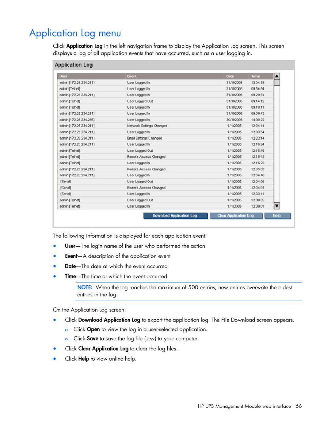 HP A6584A, A1354A, A1353A, A1356A, J4373A, J4370A, J4367A manual Application Log menu 