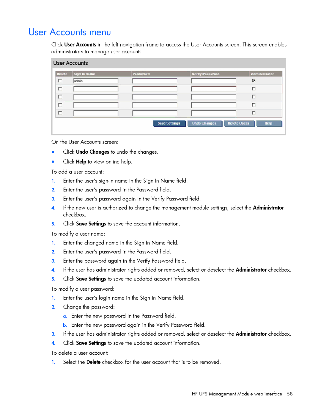 HP A1353A, A6584A, A1354A, A1356A, J4373A, J4370A, J4367A manual User Accounts menu 