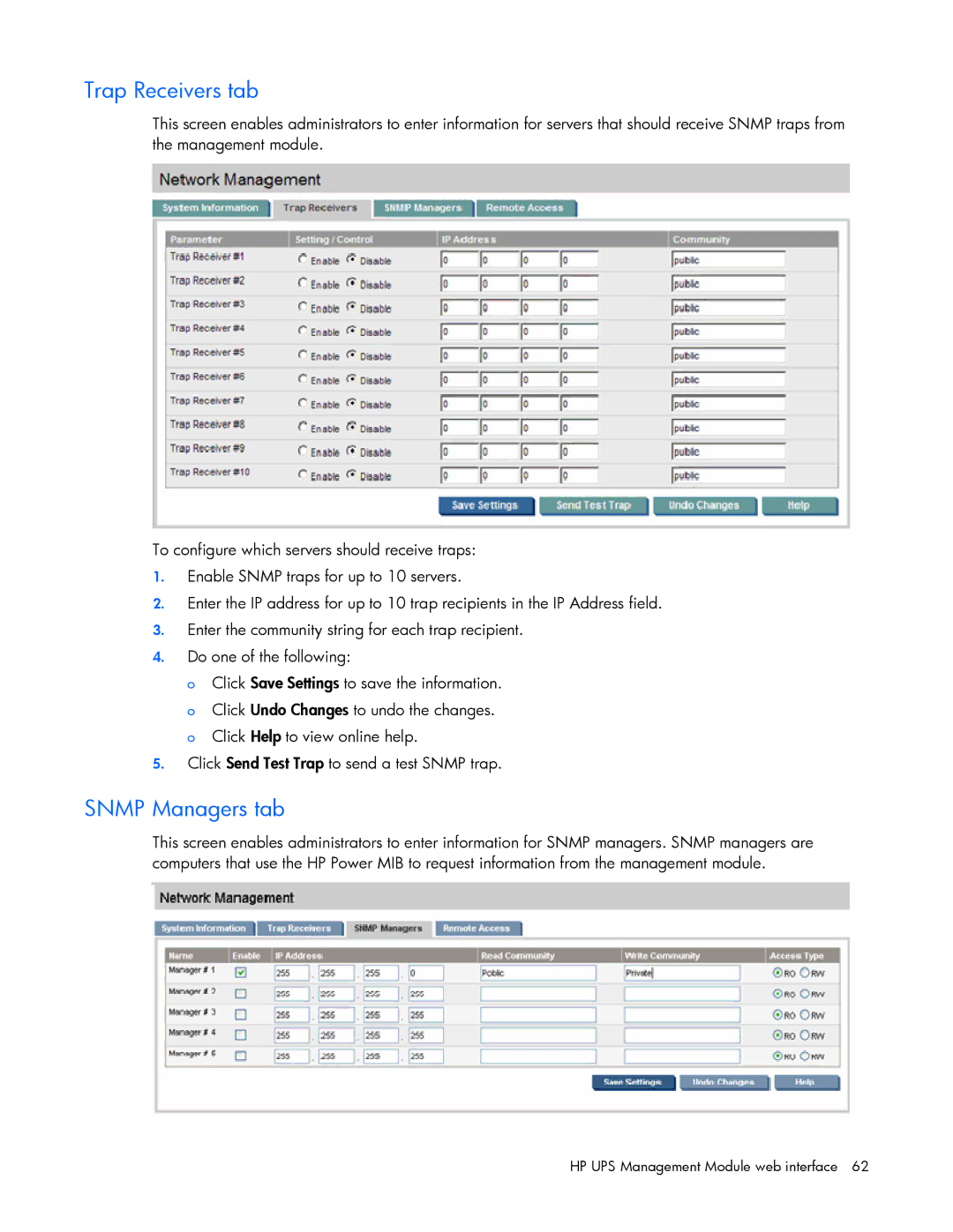 HP J4367A, A6584A, A1354A, A1353A, A1356A, J4373A, J4370A manual Trap Receivers tab, Snmp Managers tab 