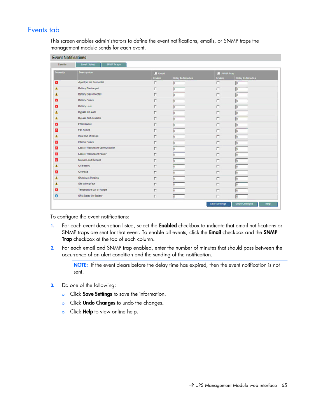 HP A1353A, A6584A, A1354A, A1356A, J4373A, J4370A, J4367A manual Events tab 