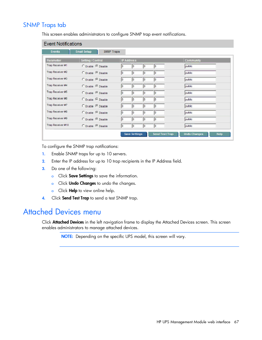 HP J4373A, A6584A, A1354A, A1353A, A1356A, J4370A, J4367A manual Attached Devices menu, Snmp Traps tab 