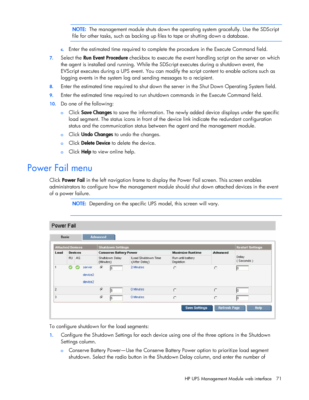 HP A1354A, A6584A, A1353A, A1356A, J4373A, J4370A, J4367A manual Power Fail menu 