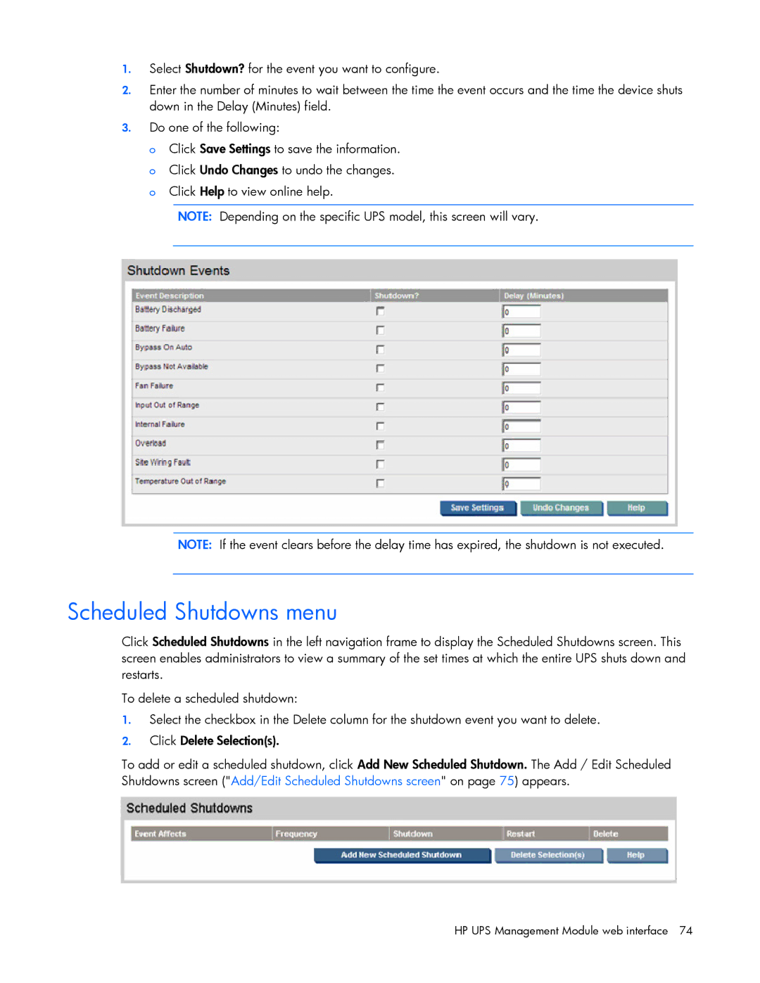 HP J4373A, A6584A, A1354A, A1353A, A1356A, J4370A, J4367A manual Scheduled Shutdowns menu 