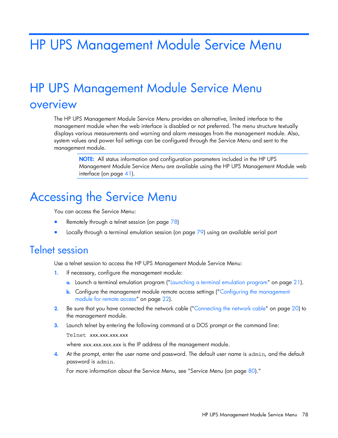 HP A1354A, A6584A, A1353A HP UPS Management Module Service Menu overview, Accessing the Service Menu, Telnet session 