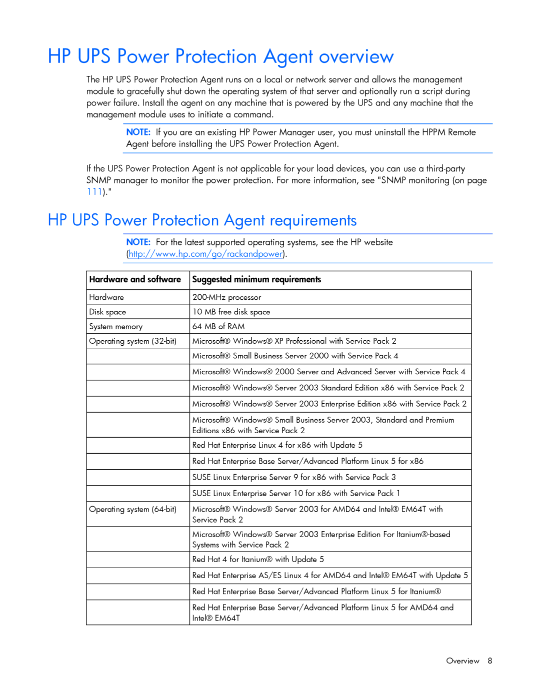 HP A1354A, A6584A, A1353A, A1356A, J4373A HP UPS Power Protection Agent overview, HP UPS Power Protection Agent requirements 