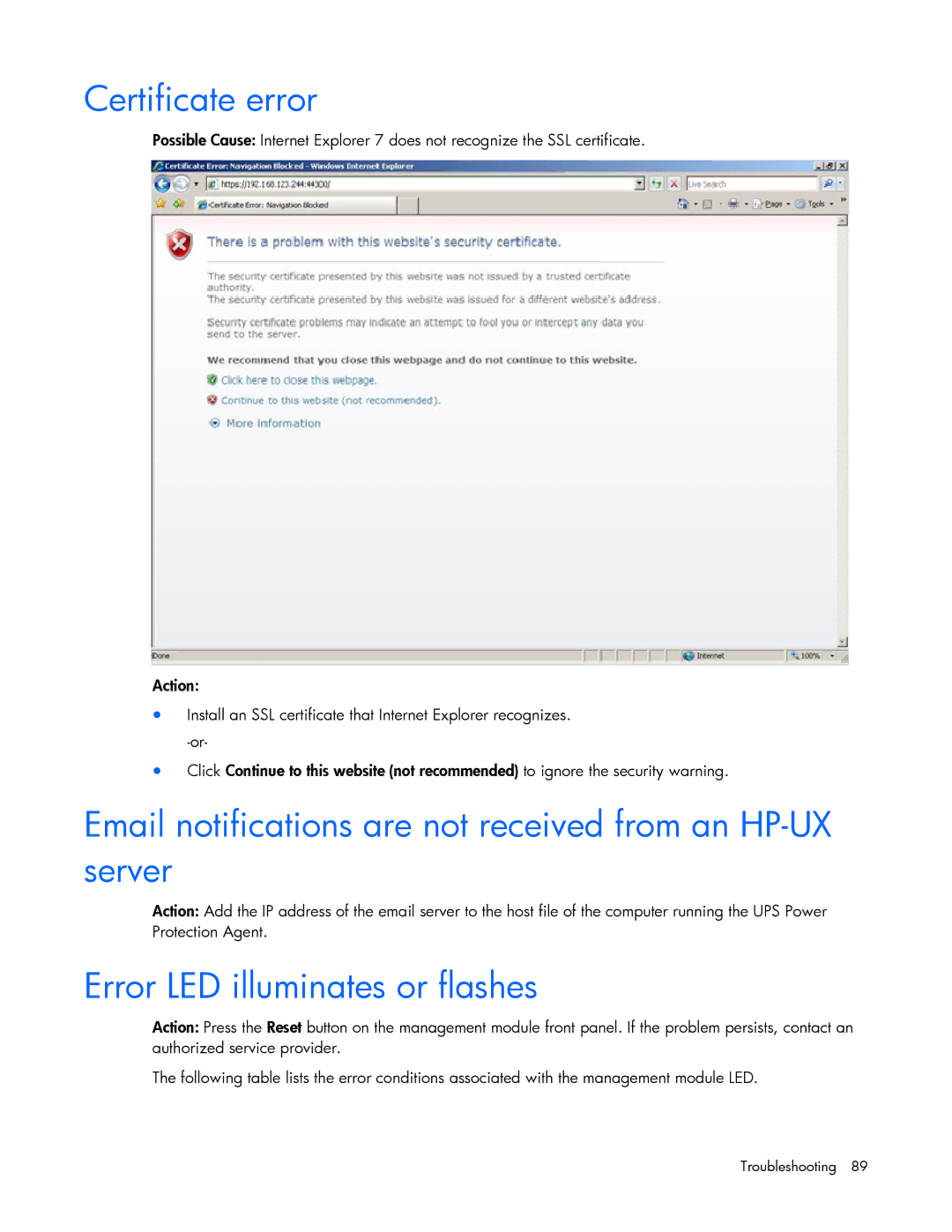 HP J4370A Certificate error, Email notifications are not received from an HP-UX server, Error LED illuminates or flashes 