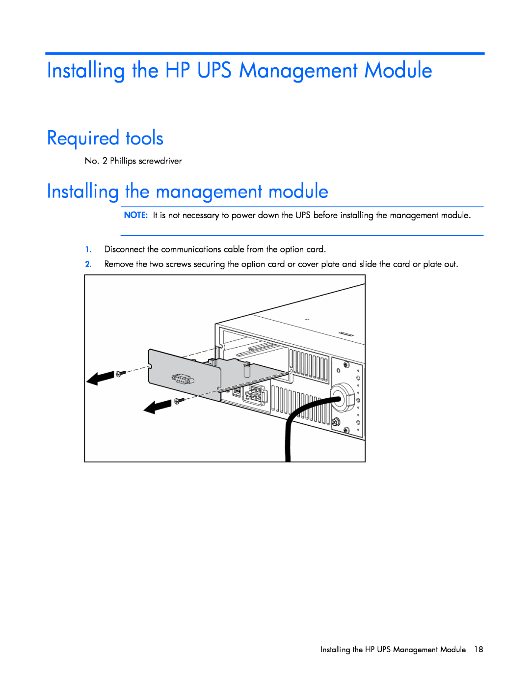 HP J4373A, A6584A, A1354A, A1353A Installing the HP UPS Management Module, Required tools, Installing the management module 