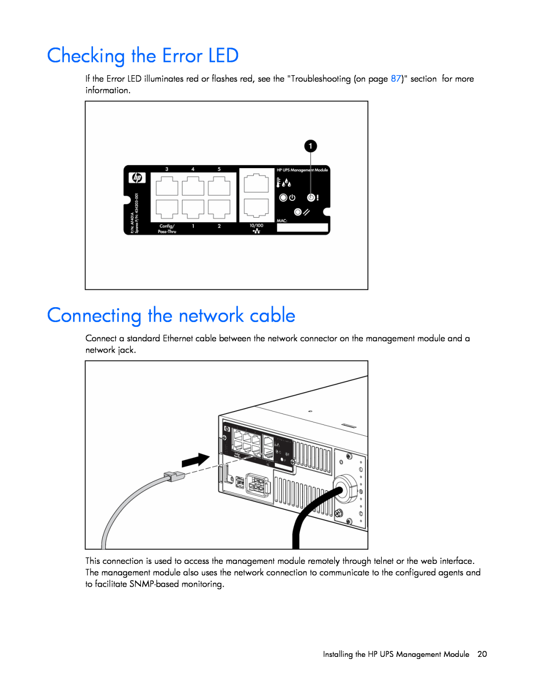 HP J4367A, A6584A, A1354A, A1353A, A1356A, J4373A, J4370A manual Checking the Error LED, Connecting the network cable 