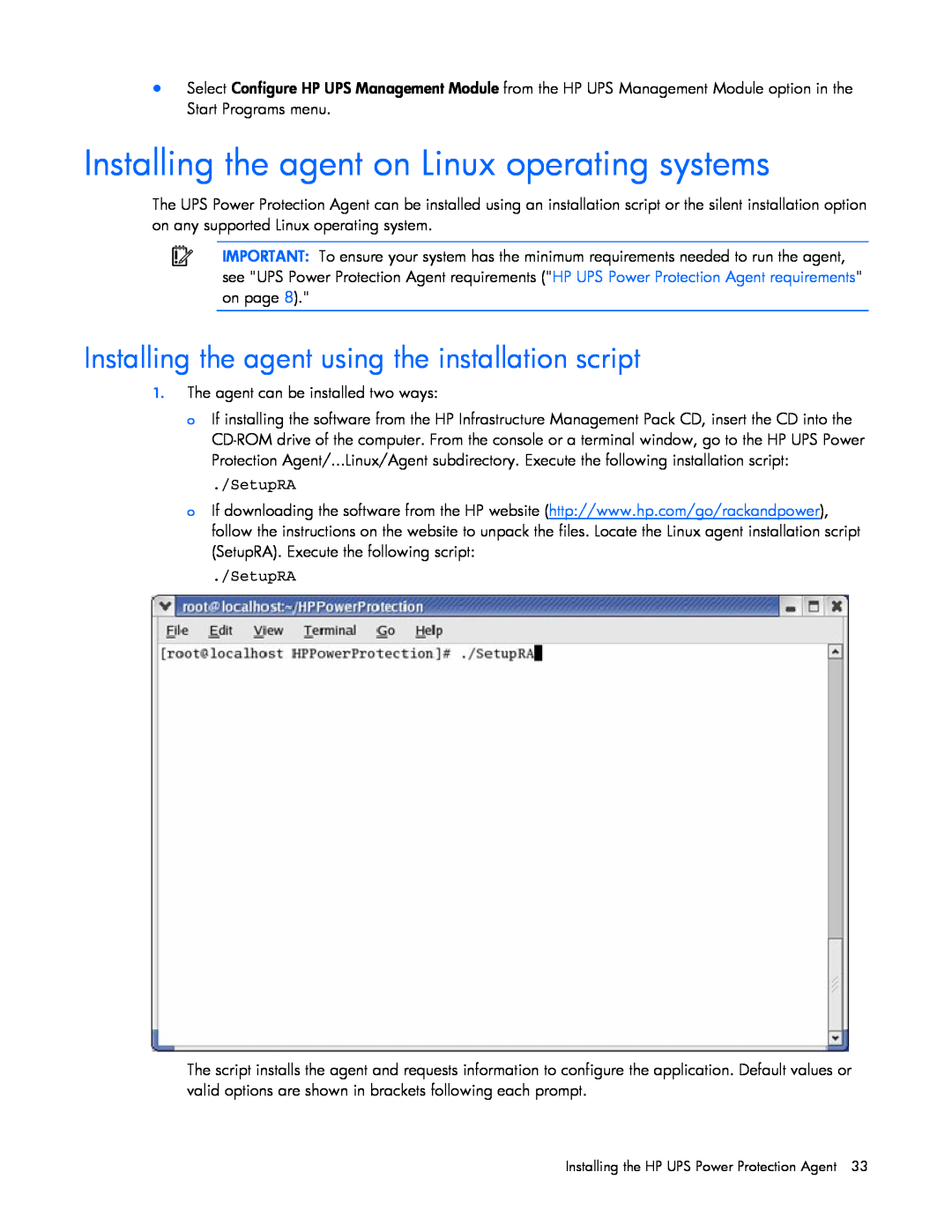 HP J4370A, A6584A manual Installing the agent on Linux operating systems, Installing the agent using the installation script 