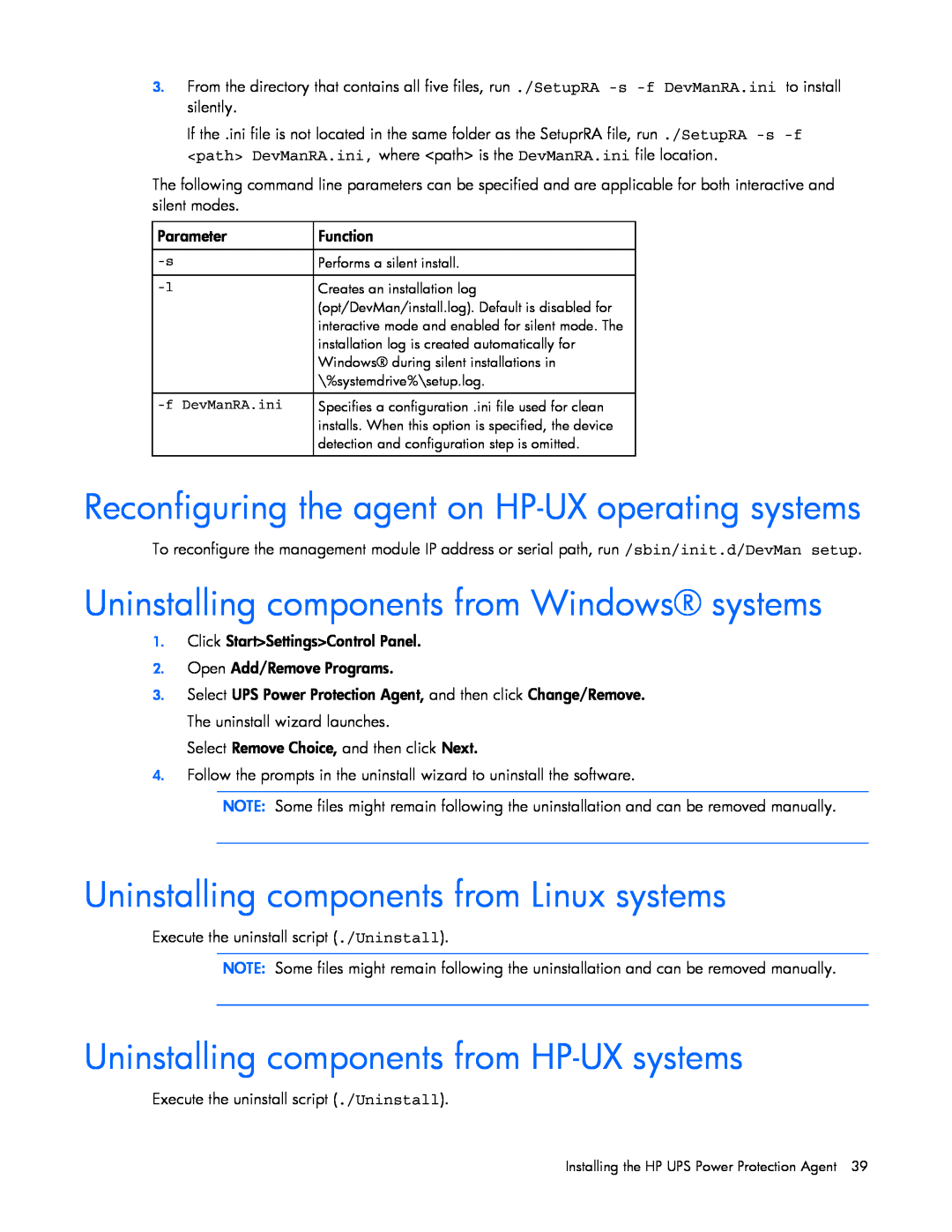 HP J4373A, A6584A, A1354A Reconfiguring the agent on HP-UX operating systems, Uninstalling components from Windows systems 