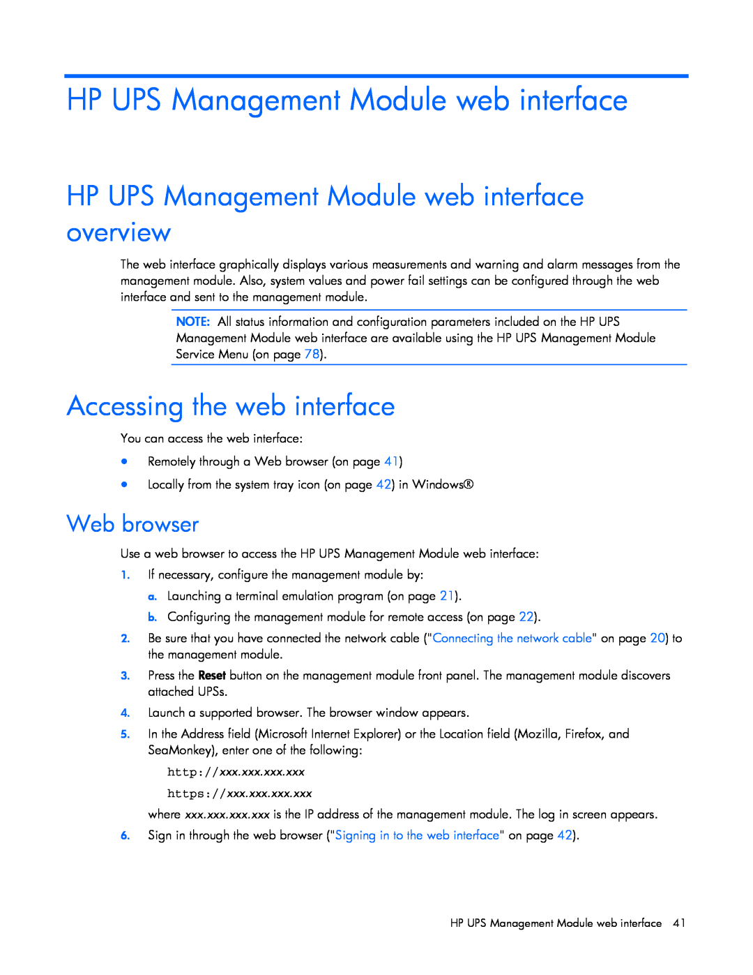 HP J4367A, A6584A, A1354A HP UPS Management Module web interface overview, Accessing the web interface, Web browser 