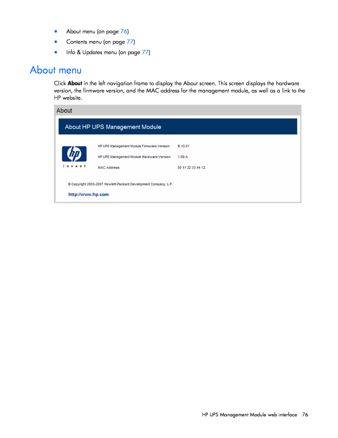 HP J4367A, A6584A, A1354A, A1353A, A1356A, J4373A About menu on page Contents menu on page Info & Updates menu on page 