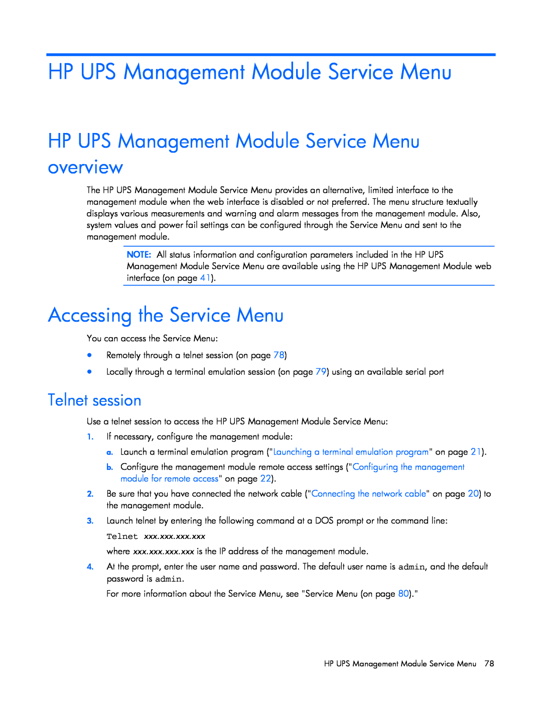 HP A1354A, A6584A, A1353A HP UPS Management Module Service Menu overview, Accessing the Service Menu, Telnet session 