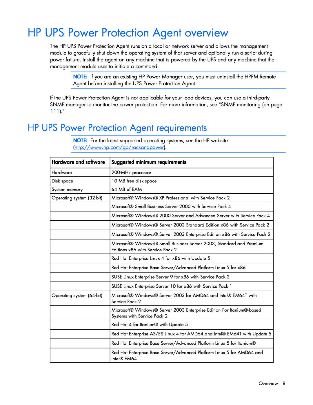 HP A1354A, A6584A, A1353A, A1356A, J4373A HP UPS Power Protection Agent overview, HP UPS Power Protection Agent requirements 