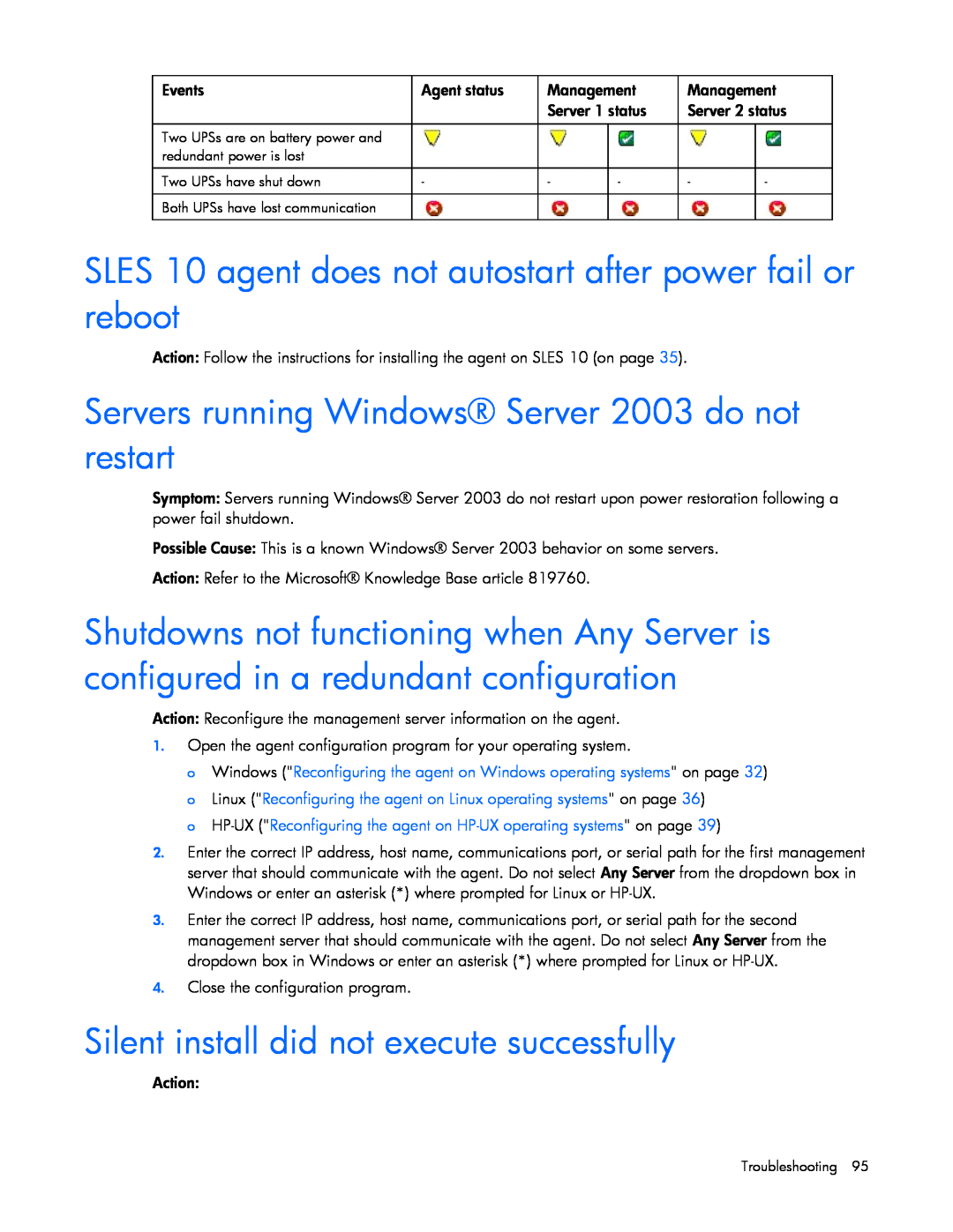 HP J4373A SLES 10 agent does not autostart after power fail or reboot, Servers running Windows Server 2003 do not restart 