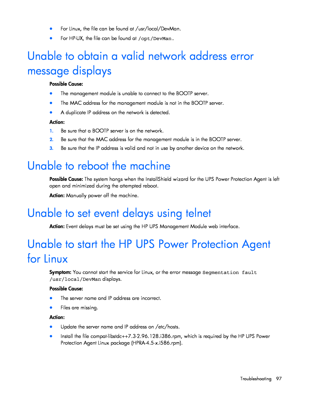 HP J4367A, A6584A, A1354A Unable to obtain a valid network address error message displays, Unable to reboot the machine 