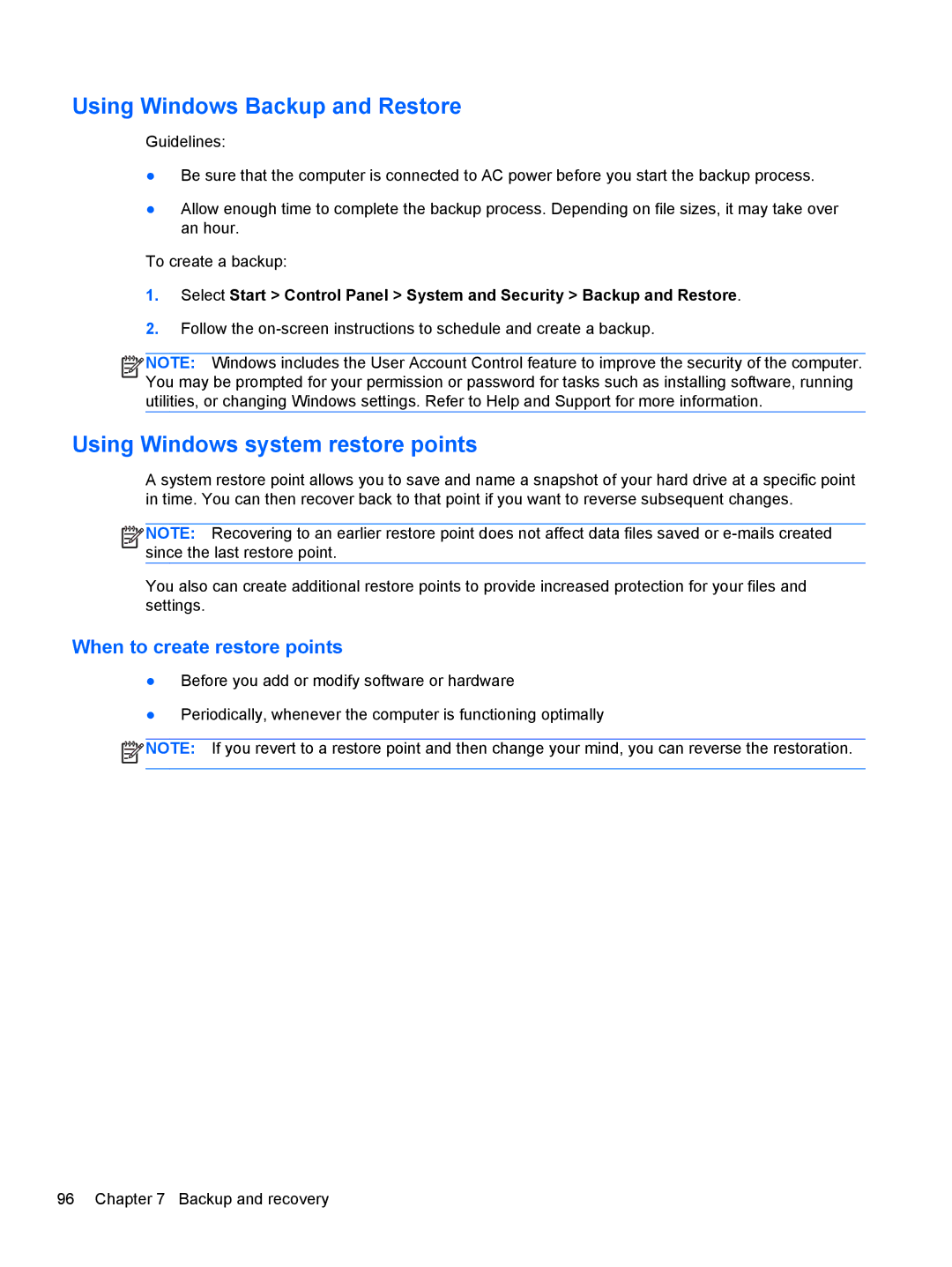 HP A6X41UA manual Using Windows Backup and Restore, Using Windows system restore points 