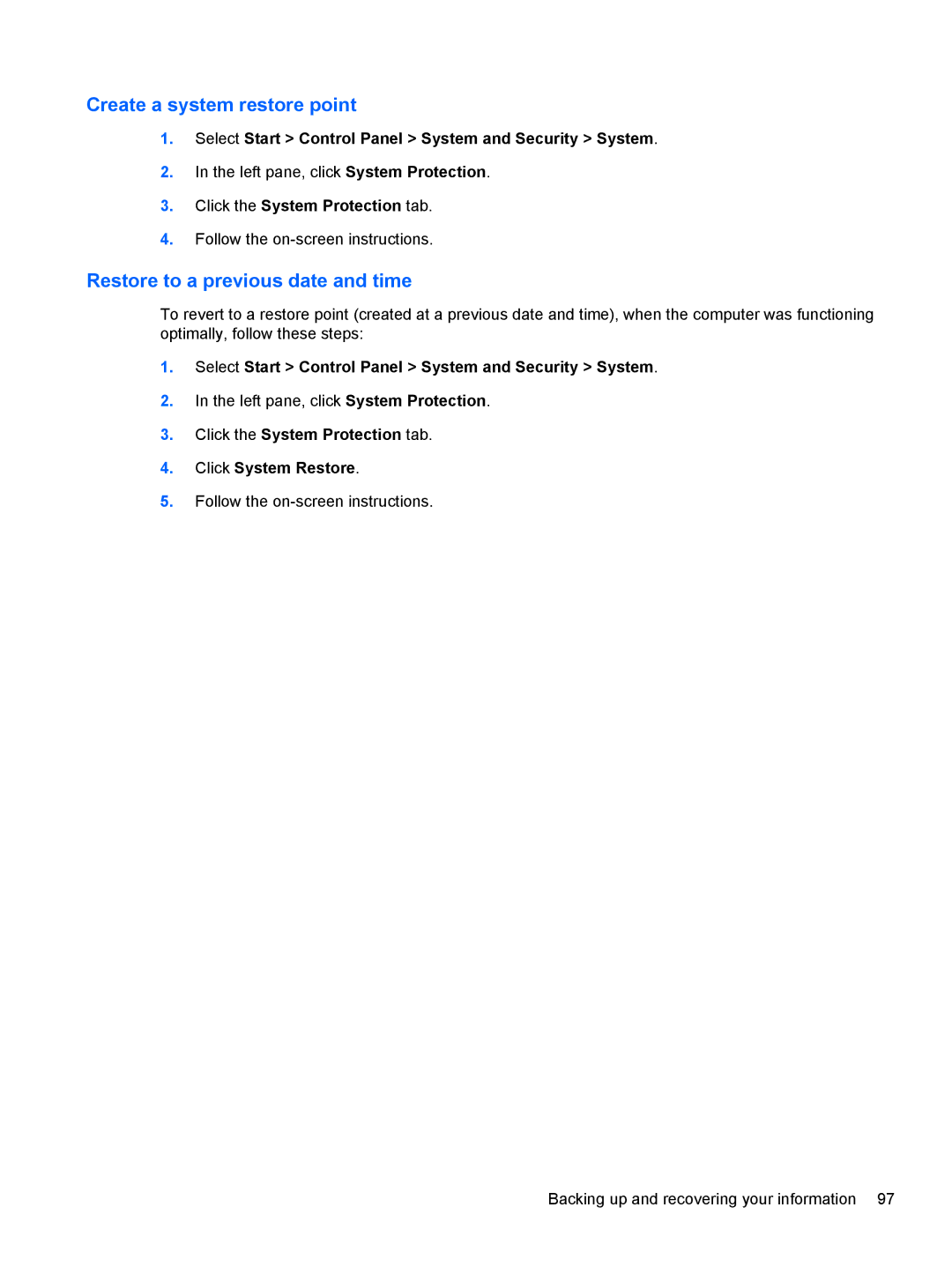 HP A6X41UA manual Create a system restore point 