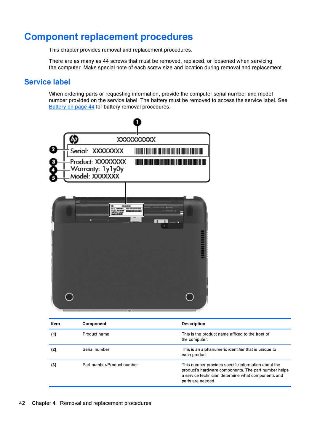 HP A6X41UA manual Component replacement procedures, Service label 