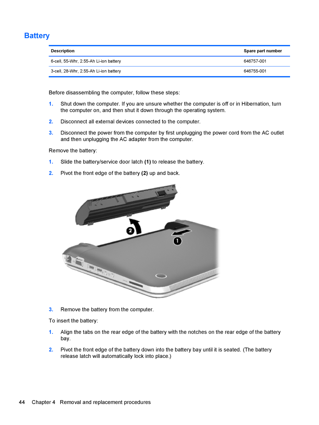 HP A6X41UA manual Battery, Description Spare part number 