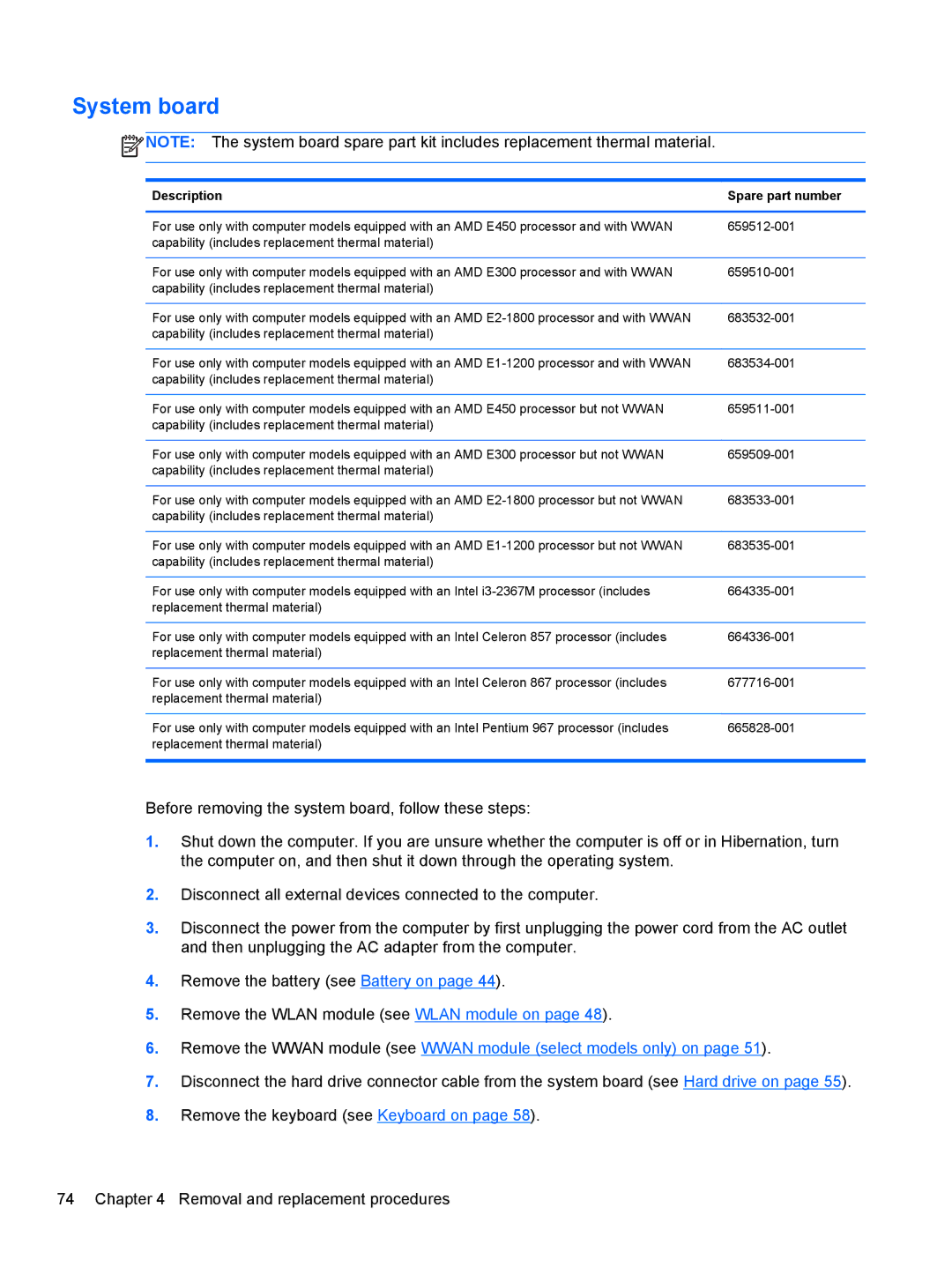 HP A6X41UA manual System board, Description Spare part number 