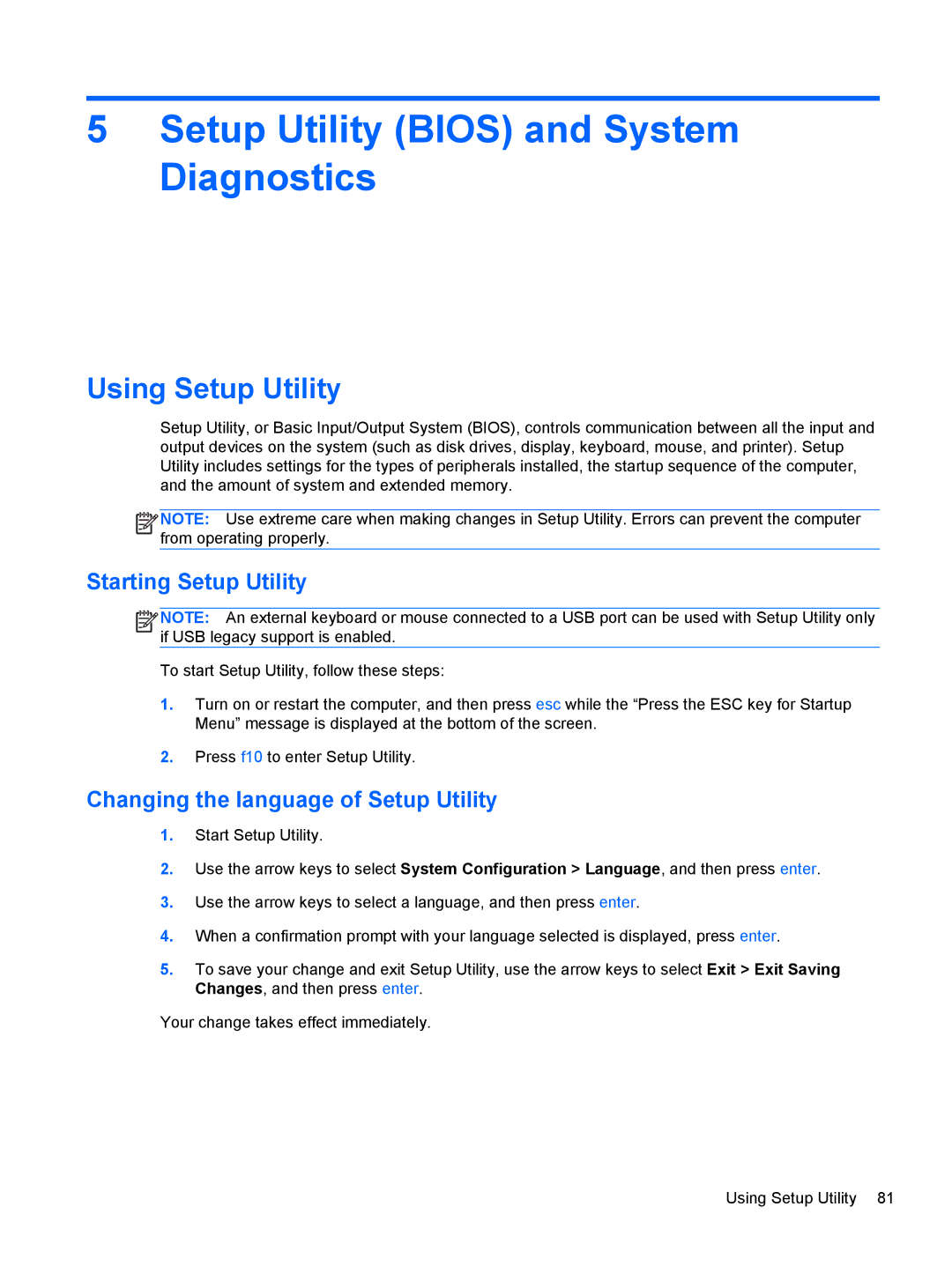 HP A6X41UA manual Setup Utility Bios and System Diagnostics, Using Setup Utility, Starting Setup Utility 