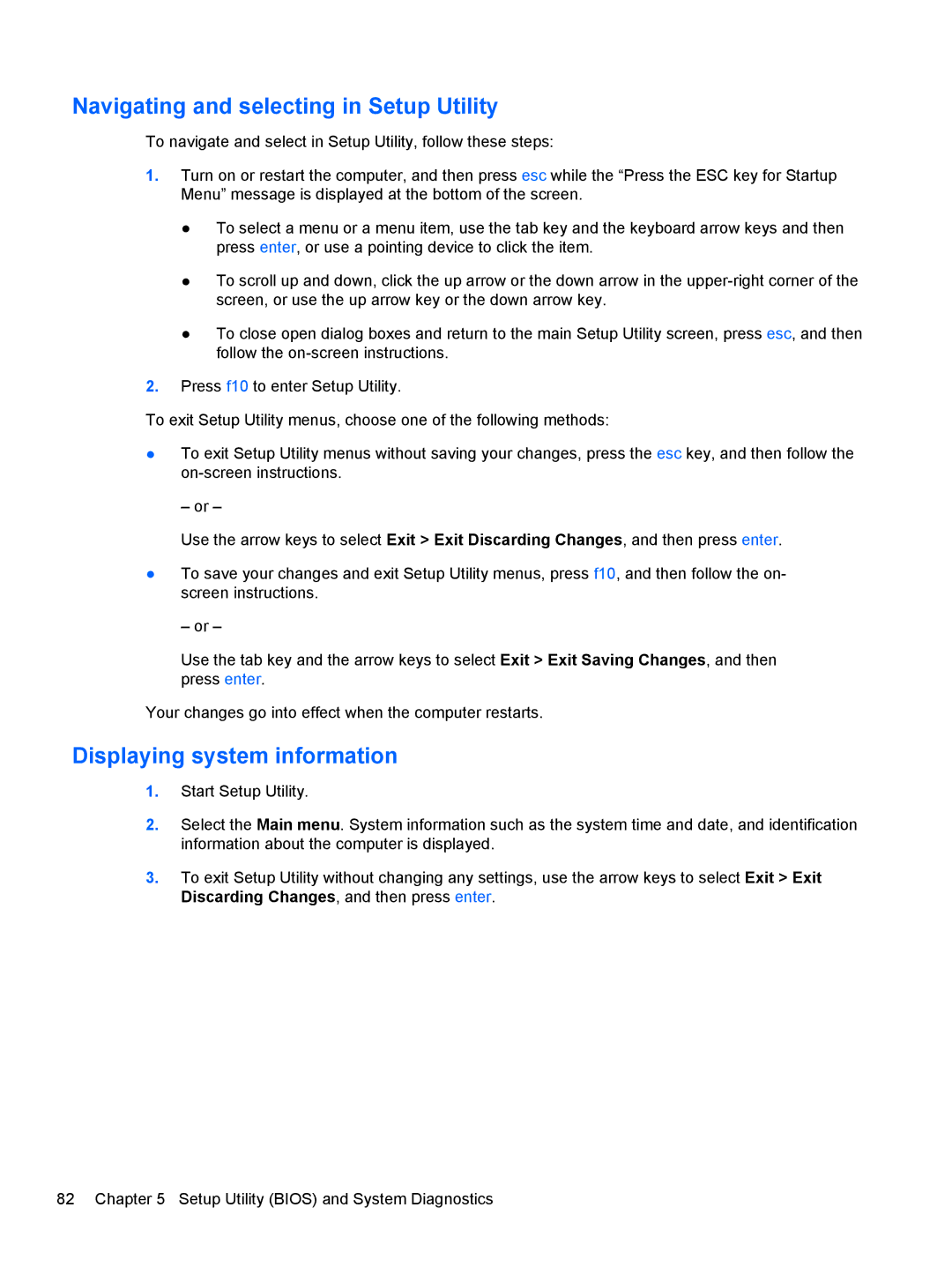 HP A6X41UA manual Navigating and selecting in Setup Utility, Displaying system information 