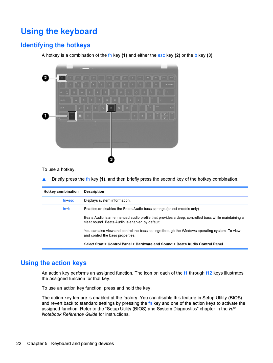 HP A6X41UAR#ABA manual Using the keyboard, Identifying the hotkeys, Using the action keys, Hotkey combination Description 