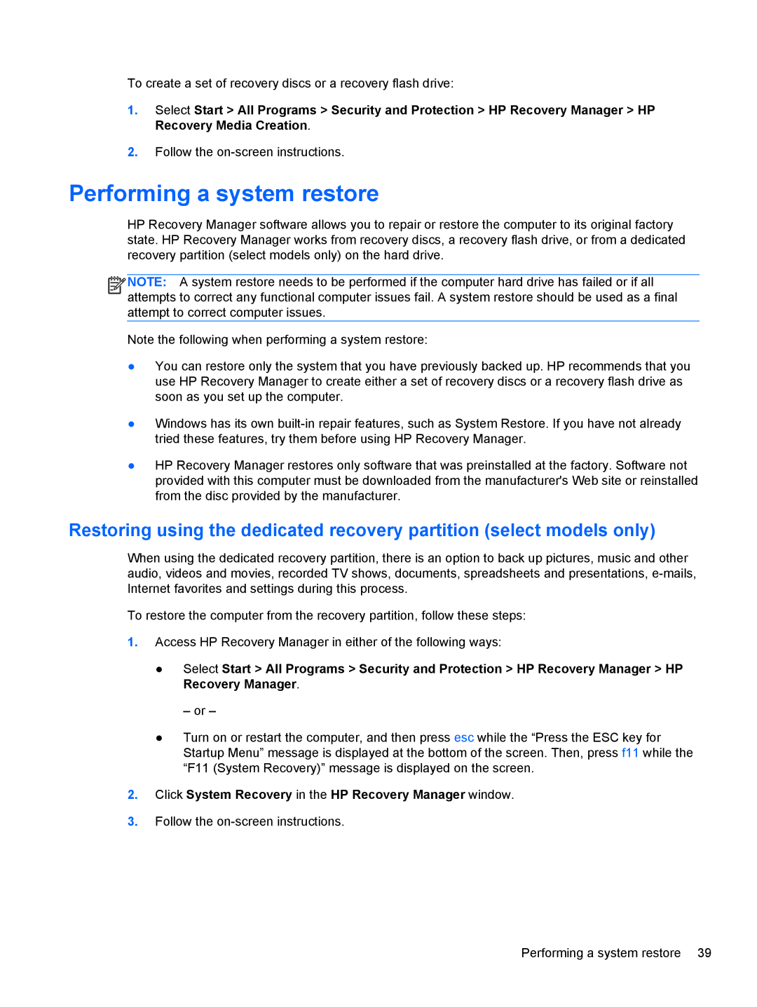 HP A6X41UAR#ABA manual Performing a system restore 