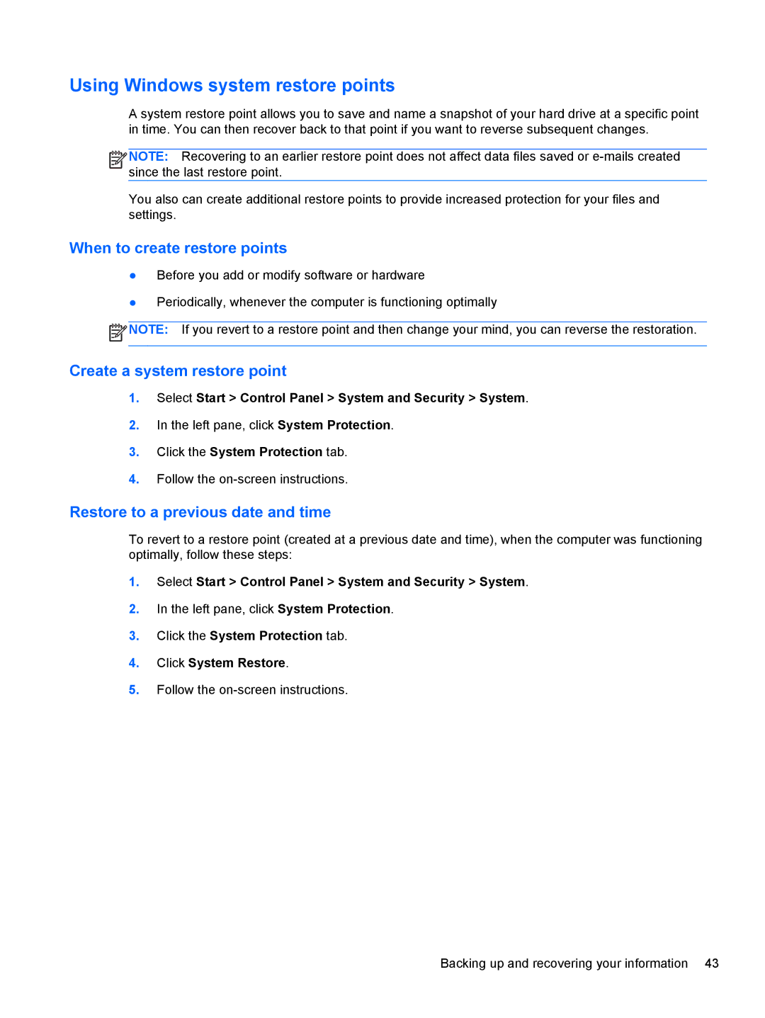 HP A6X41UAR#ABA manual Using Windows system restore points, When to create restore points 