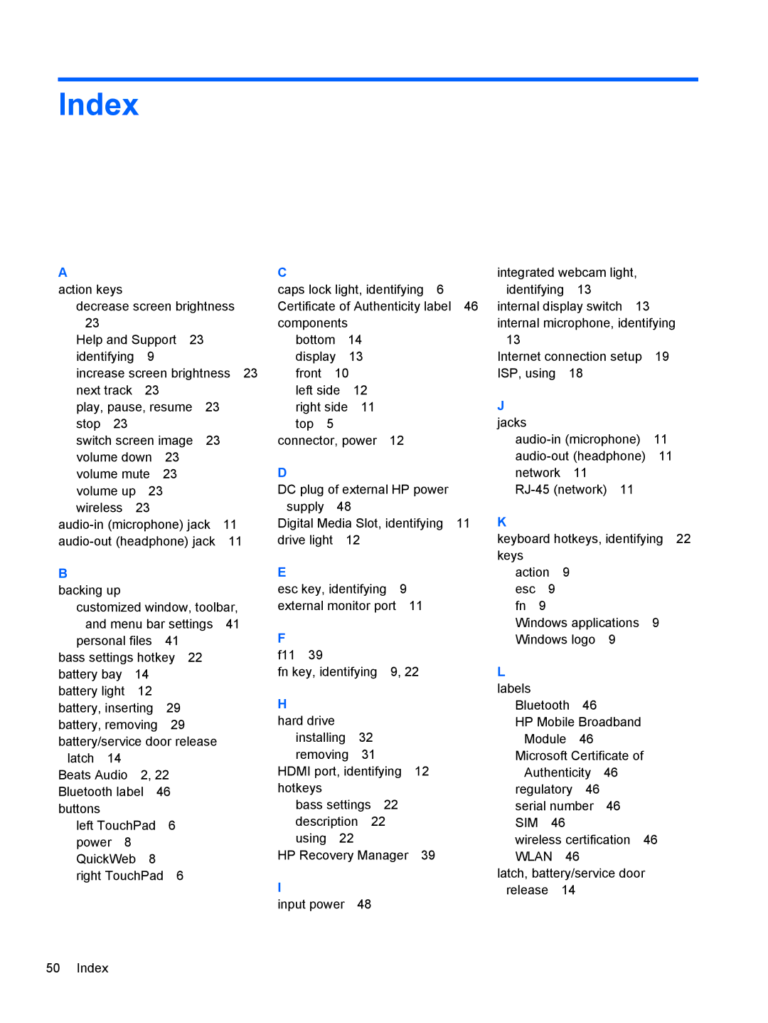 HP A6X41UAR#ABA manual Index, Labels 