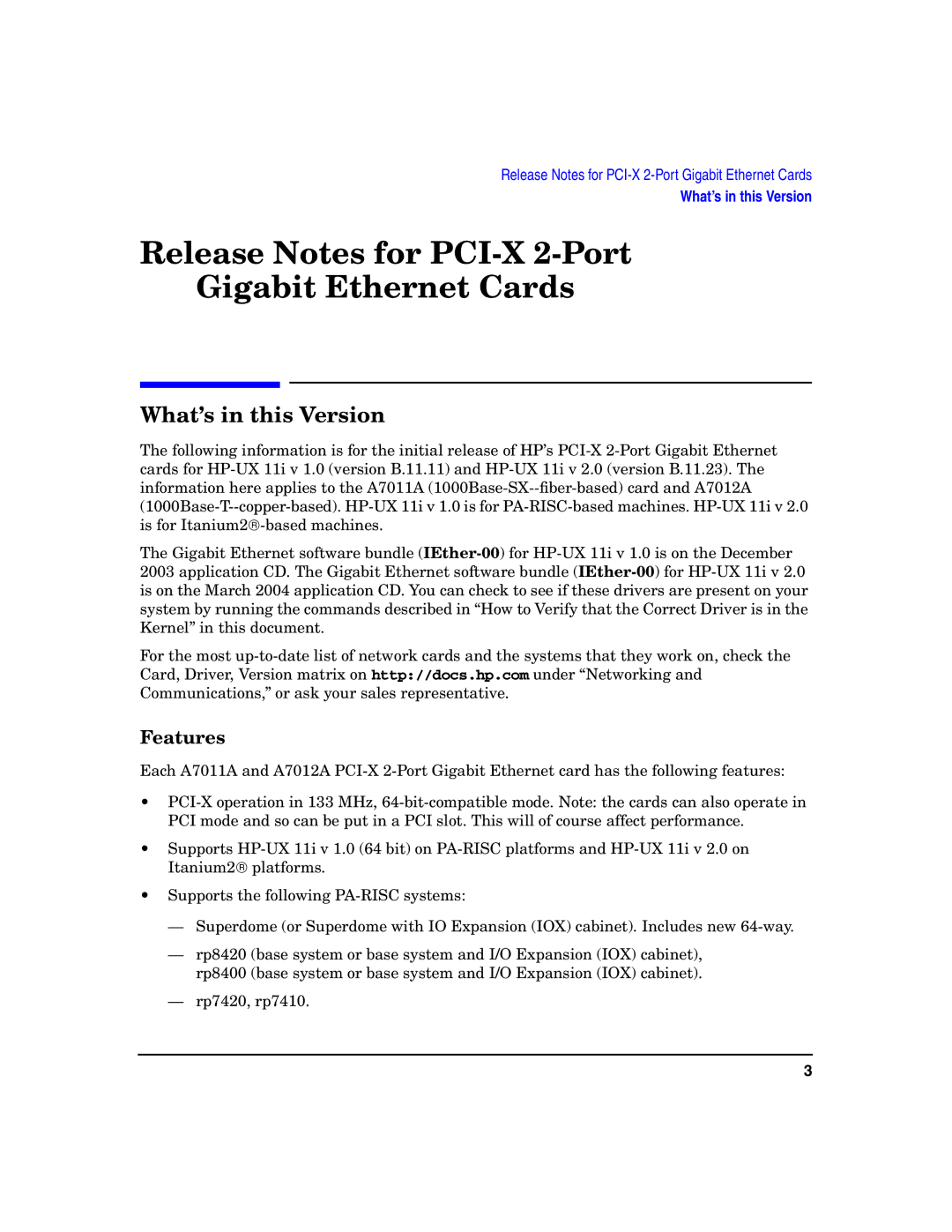 HP A7011A manual Release Notes for PCI-X 2-Port Gigabit Ethernet Cards, What’s in this Version 