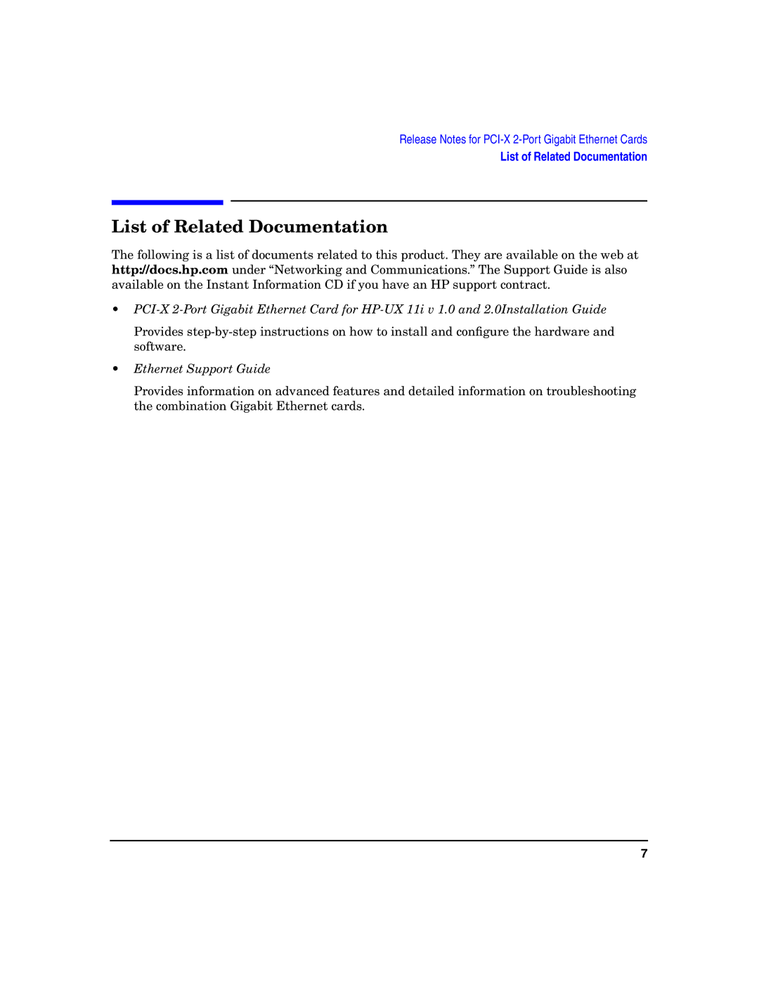 HP A7011A manual List of Related Documentation, Ethernet Support Guide 