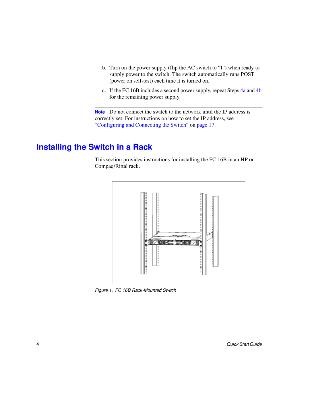 HP A7340-96002 manual Installing the Switch in a Rack, FC 16B Rack-Mounted Switch 