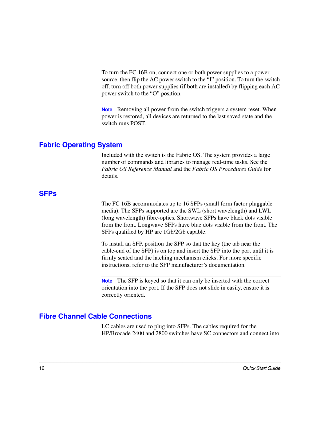 HP A7340-96002 manual Fabric Operating System, SFPs, Fibre Channel Cable Connections 