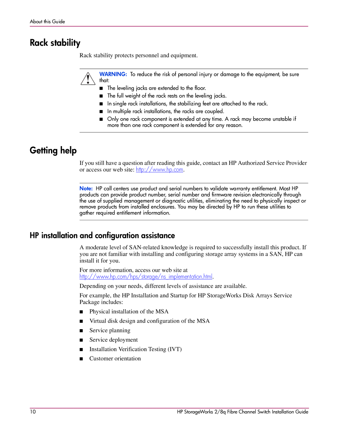 HP A7540-96010 manual Rack stability, Getting help, HP installation and configuration assistance 