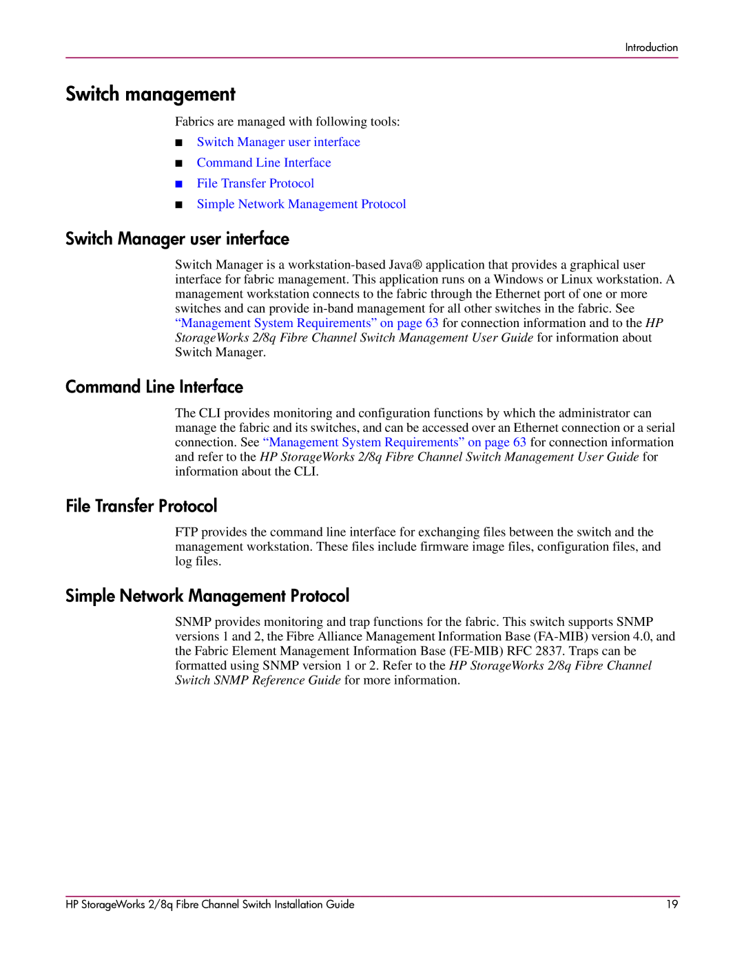 HP A7540-96010 manual Switch management, Switch Manager user interface, Command Line Interface, File Transfer Protocol 