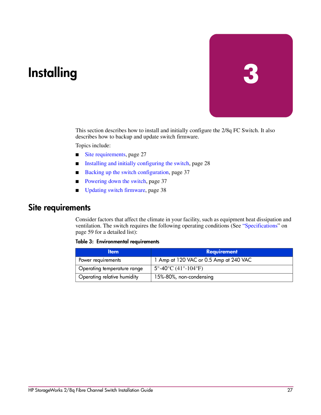 HP A7540-96010 manual Installing, Site requirements 