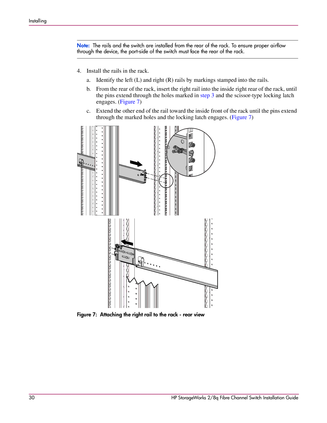 HP A7540-96010 manual Attaching the right rail to the rack rear view 