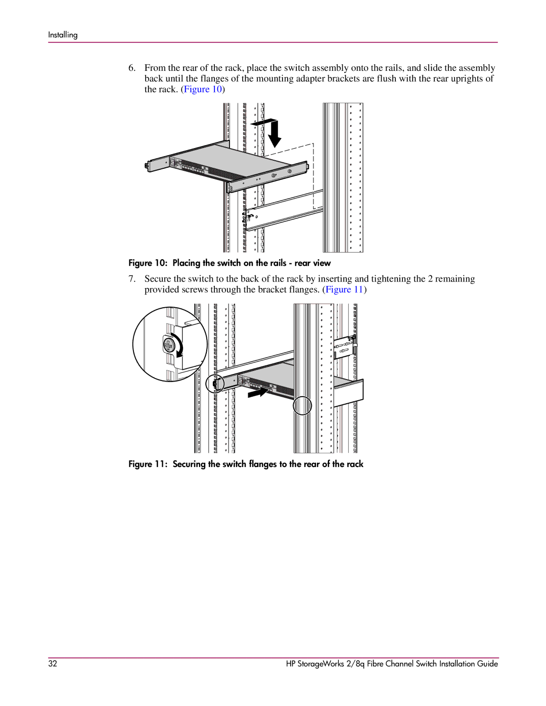 HP A7540-96010 manual Placing the switch on the rails rear view 