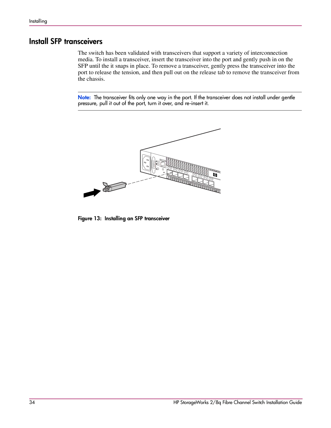 HP A7540-96010 manual Install SFP transceivers, Installing an SFP transceiver 