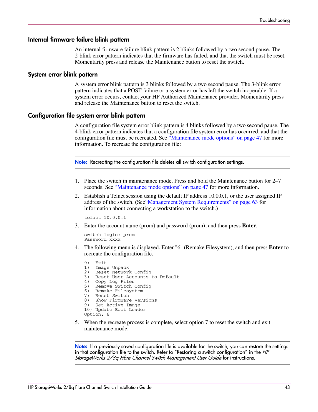 HP A7540-96010 manual Internal firmware failure blink pattern, System error blink pattern 