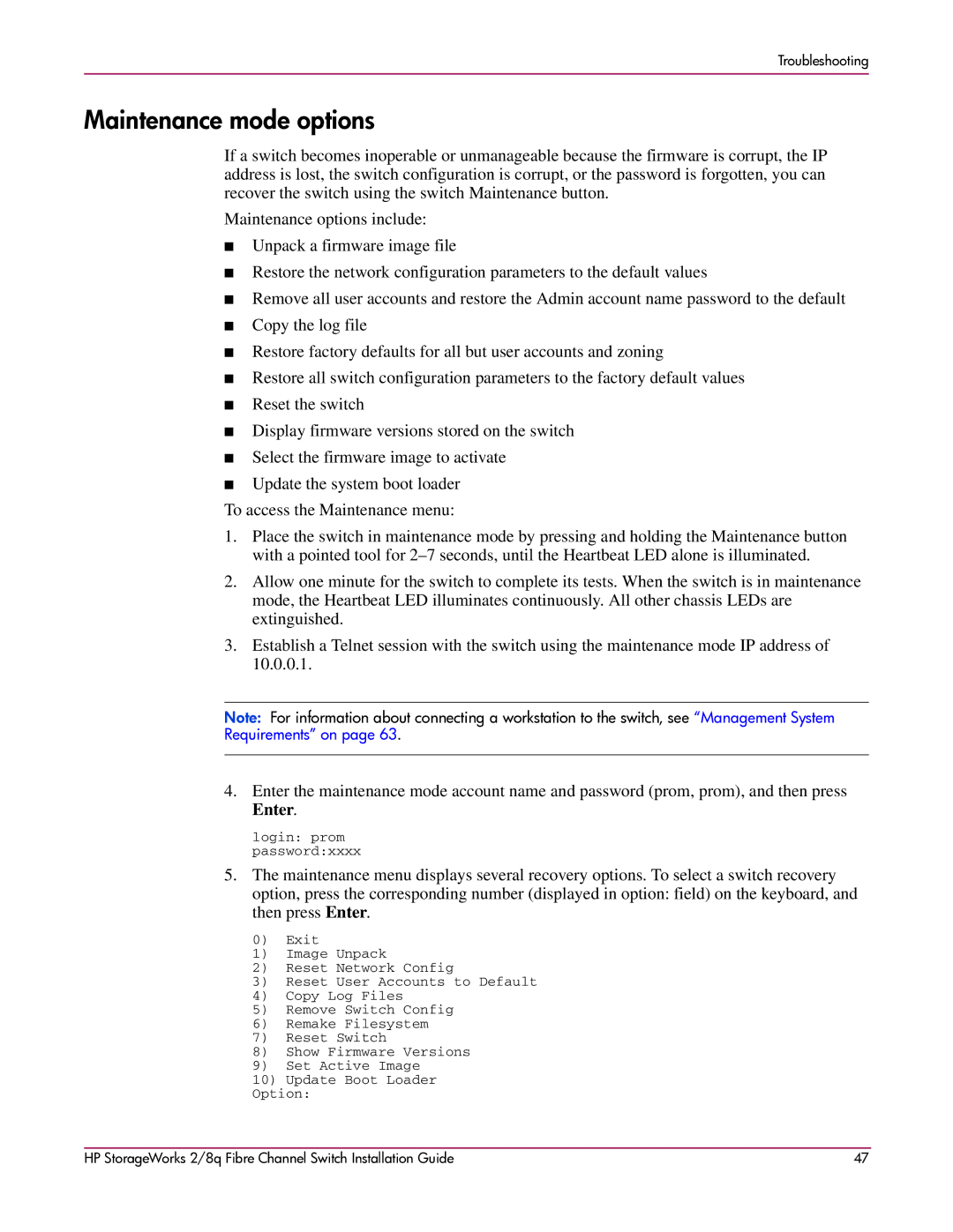 HP A7540-96010 manual Maintenance mode options 