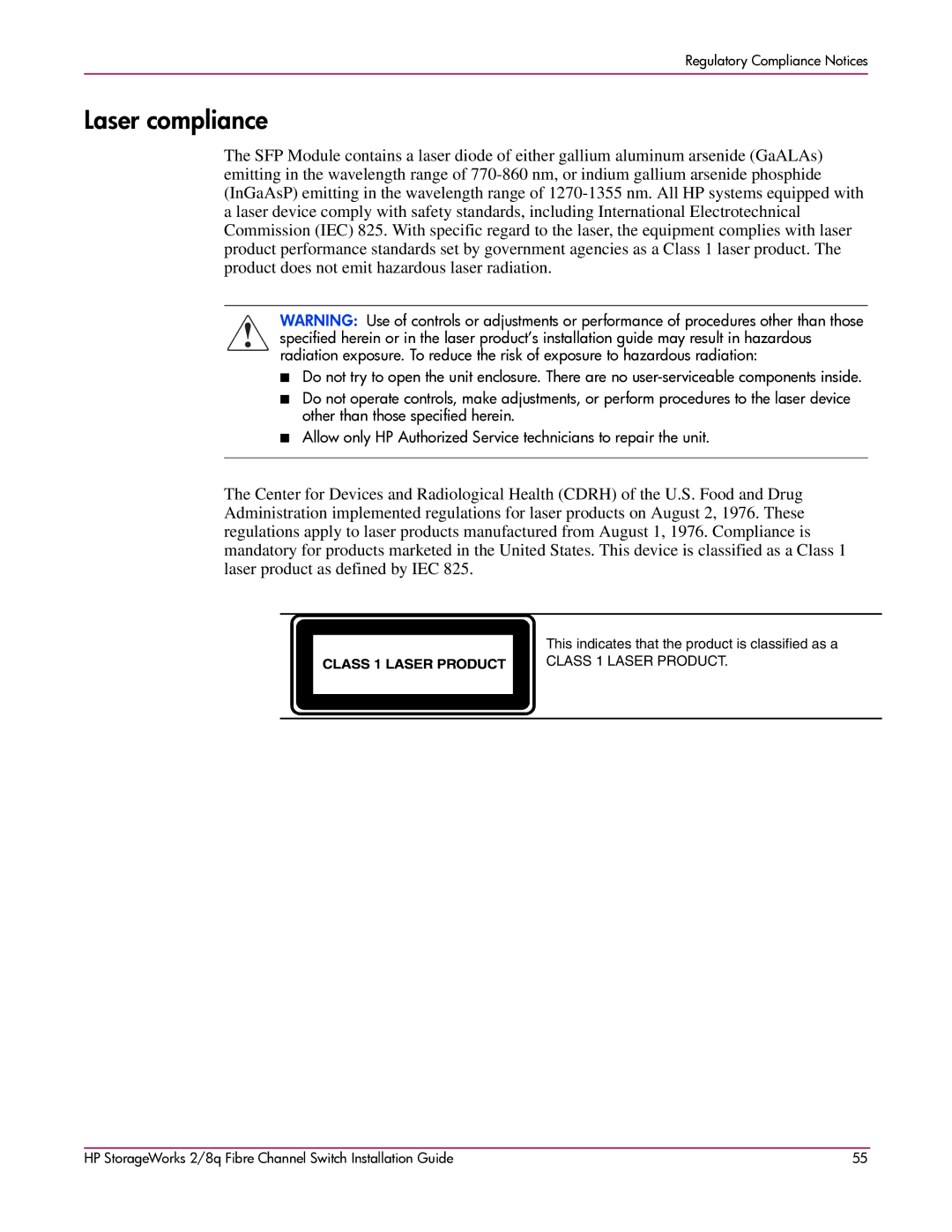 HP A7540-96010 manual Laser compliance 