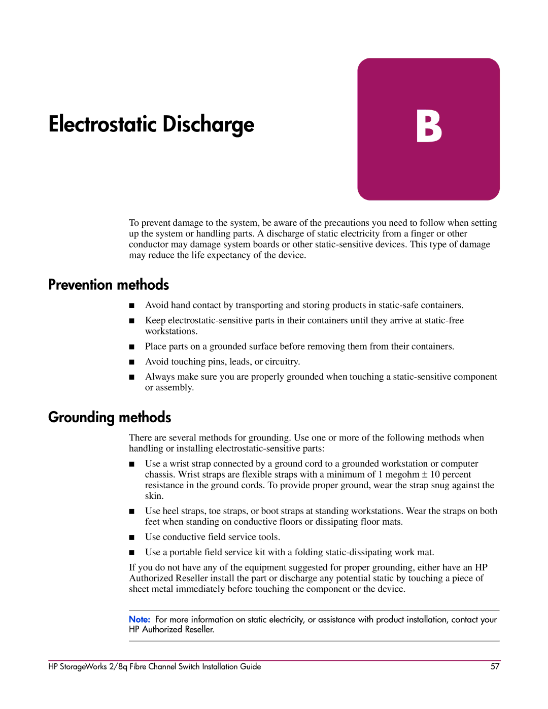 HP A7540-96010 manual Prevention methods, Grounding methods 