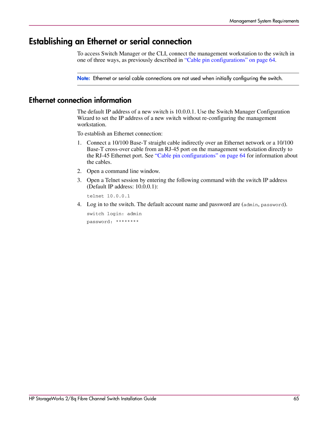 HP A7540-96010 manual Establishing an Ethernet or serial connection, Ethernet connection information 