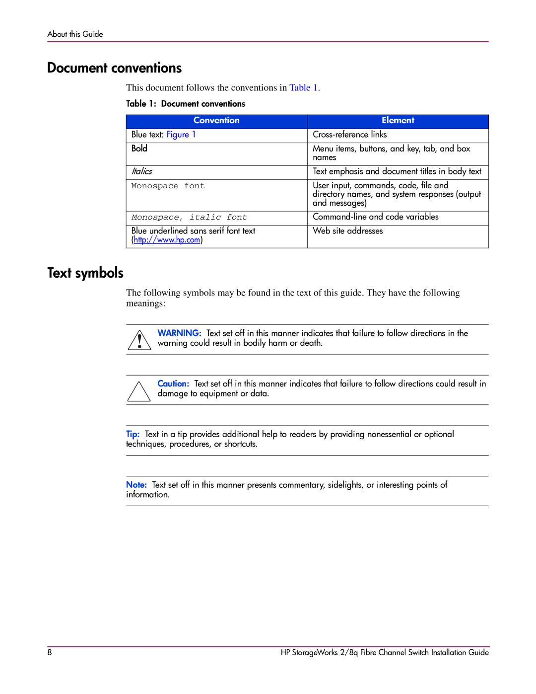 HP A7540-96010 manual Document conventions, Text symbols 