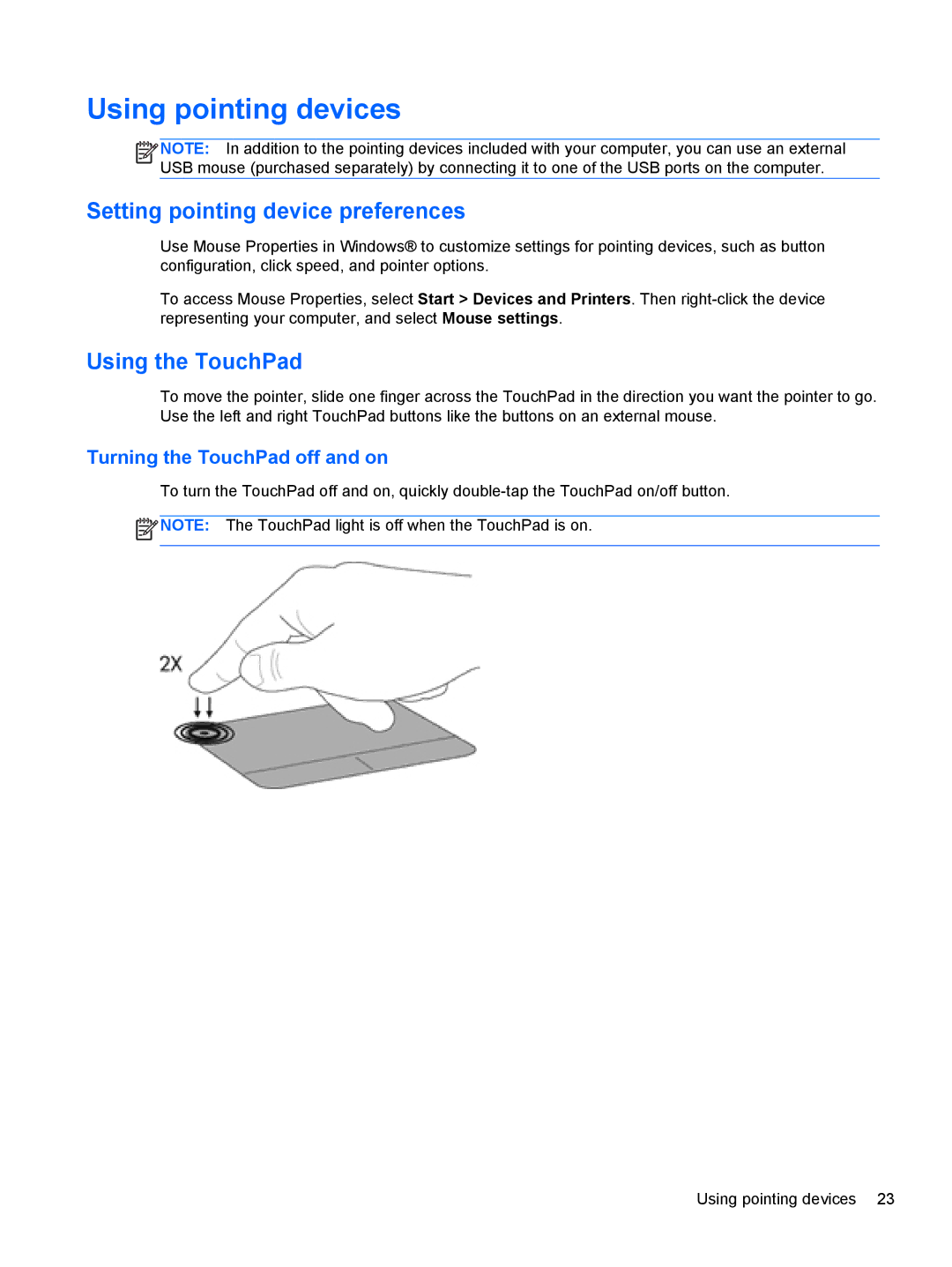 HP A7A43UAR#ABA manual Using pointing devices, Setting pointing device preferences, Using the TouchPad 