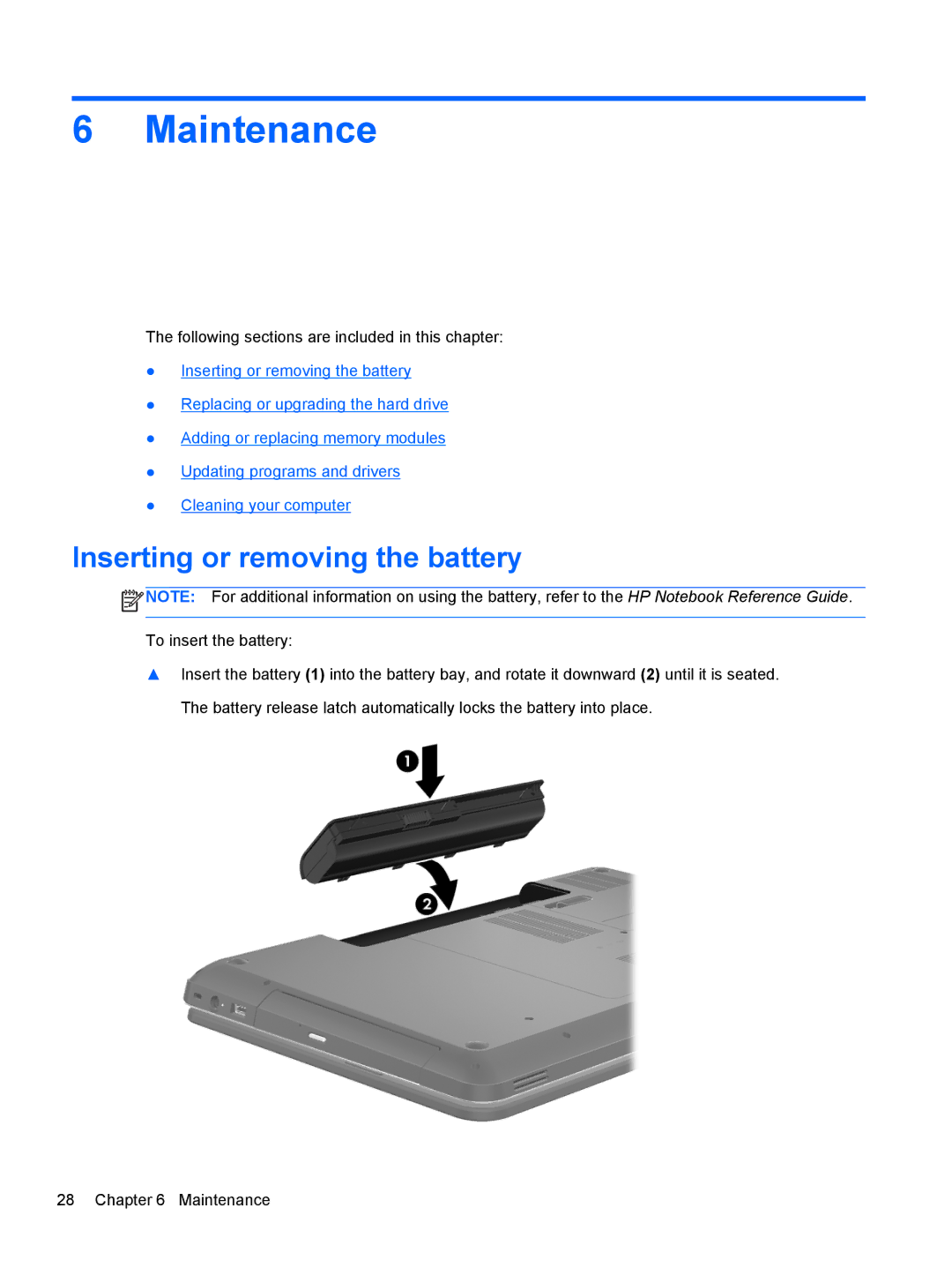 HP A7A43UAR#ABA manual Maintenance, Inserting or removing the battery 